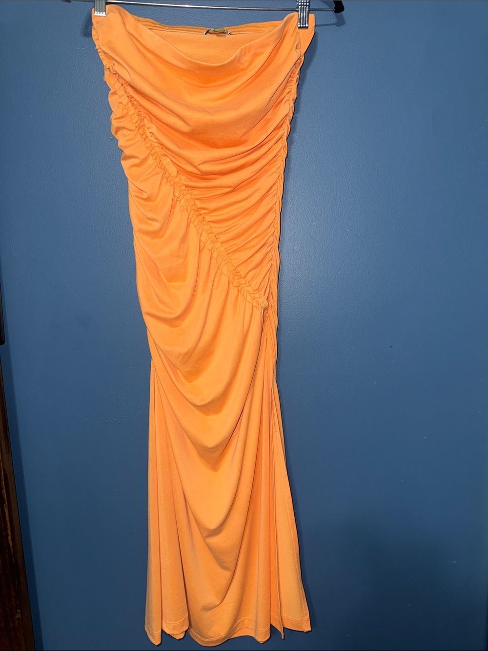 Ruched Orange Maxi Dress with Draped Silhouette